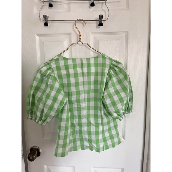 KITRI Green Plaid Gingham Cotton Top US 2 Retro Cottagecore Puff Sleeve Festival - Picture 7 of 9